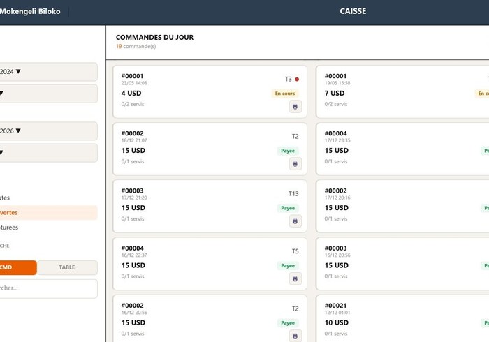 Écran de caisse de Mokengeli Biloko : commandes du jour avec table, montant et statut de service.